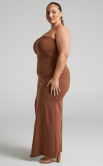 Oriella Maxi Dress - Panelled Thigh Split Strapless Dress in Chocolate