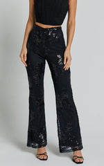 Ortiz Pants - High Waist Straight Leg Sequin Pants in Black Floral