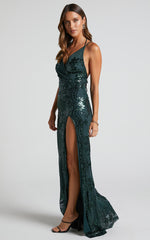 Out Till Dawn Maxi Dress - Thigh Split Dress in Emerald Sequin
