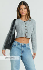 Primrose Cardigan - Recycled Cable Knit Crop Cardigan in Grey