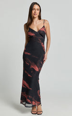 Rashida Midi Dress - V Neck Mesh Printed Dress in Dark Tie Dye
