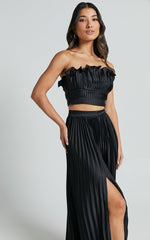 Reign Two Piece Set - Ruffle Crop Top and Thigh Split Midi Skirt in Black