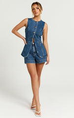 Rhianna Top - Button Down Longline Recycled Denim Vest Top in Dark Blue Wash
