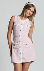 River Mini Dress - Boucle Button Through A Line Dress with Hardware Detail in Light Pink