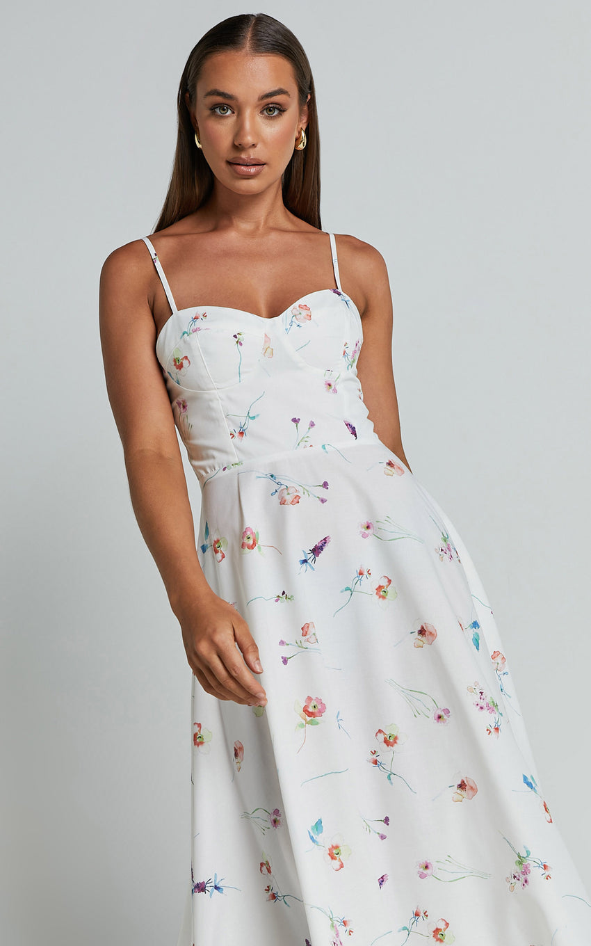 robertson midi dress Robertson Midi Dress - Strappy Sweetheart Bustier Flare Dress in Spring Floral