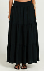 Ruby Midi Skirt - Shirred High Waist Cotton Tiered Skirt in Black