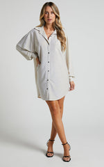 Ruri Mini Dress - Sparkly Oversized Shirt Dress in Neutral