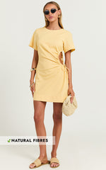 Samira Mini Dress - Ruched Cut Out Linen Dress in Lemon