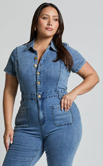 Silvena Jumpsuit - Short Sleeve Flared Denim Jumpsuit in Blue