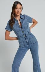 Silvena Jumpsuit - Short Sleeve Flared Denim Jumpsuit in Blue