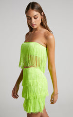 Siofra Two Piece Set - Fringe Crop Top and Mini Skirt Set in Lime