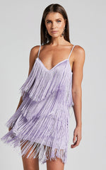 Siofra Mini Dress - Zig Zag Fringe Dress in Lilac