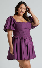 Souza Mini Dress - Fit and Flare Puff Sleeve Corset Dress in Dark Amethyst