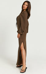 Sydney Midi Dress - Scoop Neck Long Sleeve Slip Dress in Brown