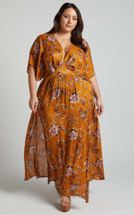 Vacay Ready Maxi Dress - Plunge Thigh Split Dress in Mustard Floral