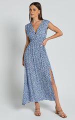 Valeri Midi Dress - Plunge Neck Sleeveless Tie Waist Dress in Blue Floral