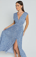 Valeri Midi Dress - Plunge Neck Sleeveless Tie Waist Dress in Blue Floral