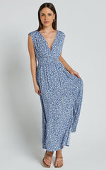 Valeri Midi Dress - Plunge Neck Sleeveless Tie Waist Dress in Blue Floral