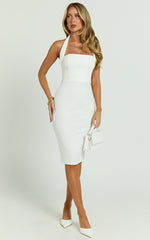 Vanessa Midi Dress - Halter Neck Below Knee Column Dress in White