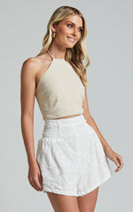 Vanni Shorts - Flower Embroidered Shirred Waist Short in White