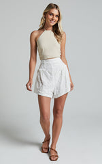Vanni Shorts - Flower Embroidered Shirred Waist Short in White