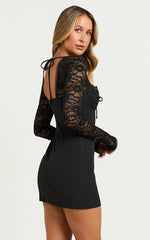 Vasquez Mini Dress - Lace Sleeve Front Tie Detail Dress in Black
