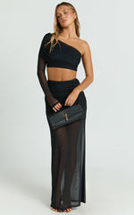 Xandy Two Piece Set - One Sleeve Ruched Mesh Top and Maxi Skirt in Black