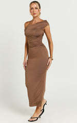 Yolanda Midi Dress - Off Shoulder Ruched Side Jersey Dress in Mocha